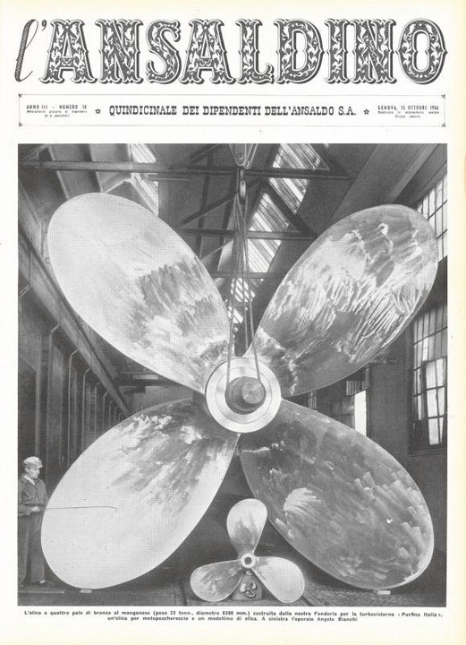 p. 1 (copertina), l'operaio Angelo Bianchi al lavoro su un'elica a quattro pale fusa al nostro stabilimento Fonderie e Acciaierie di Campi per la turbocisterna "Purfina Italia", sotto un'elica per motopeschereccio e un modellino di elica, 1956